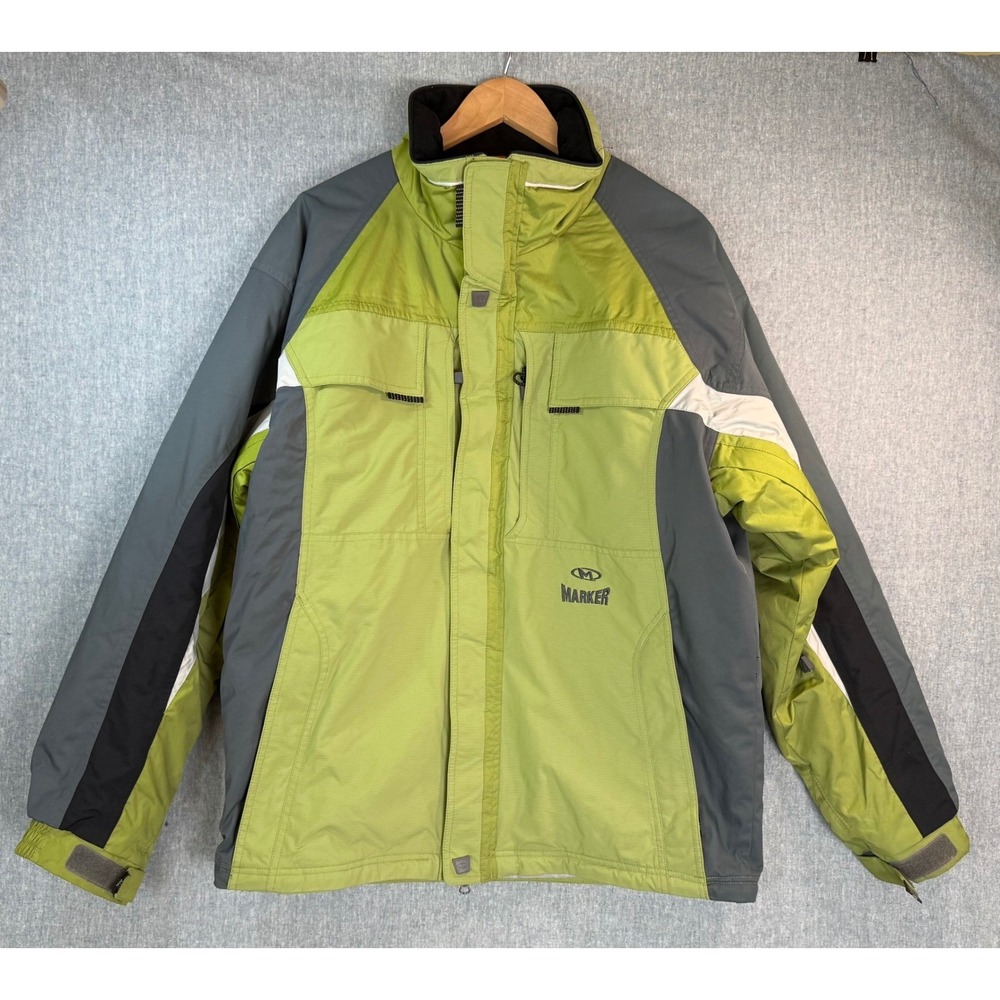 Vtg Marker Ski Jacket Mens Sz M Retro Colorblock Coat Green Grey Multi Pocket